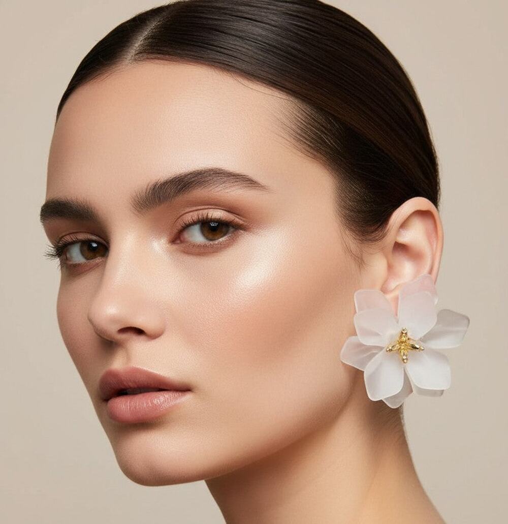 Clip on 2 1/2" XL gold and white plastic flower button style earrings